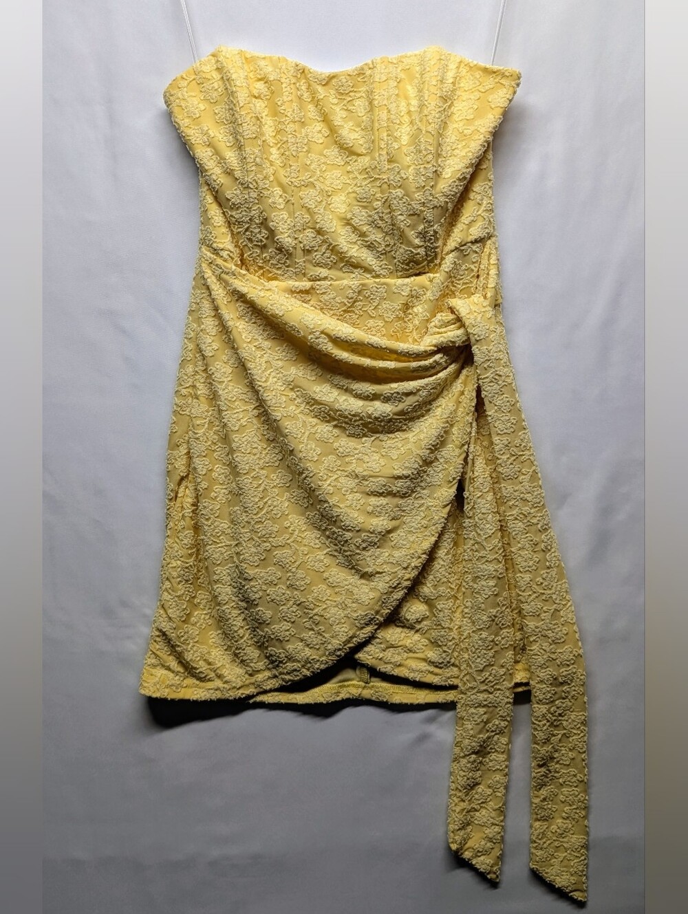 Hello Molly Strapless Yellow Lace Draped Cocktail Dress